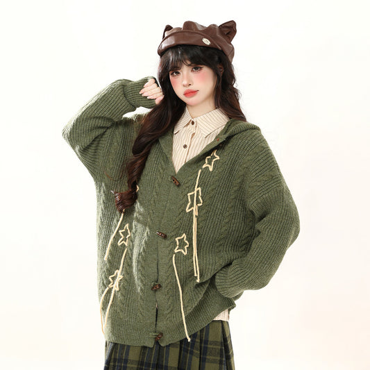 【アウター】ヴィンテージ風 スター＆ウサギ耳付き ニットカーディガン ゆったり リラックススタイル【FCシリーズ】