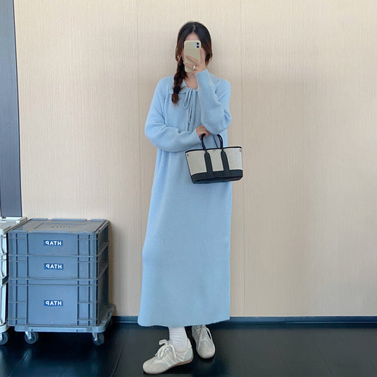 【ワンピース】大人上品リボンニットワンピース レディース 秋冬新作 長袖 ロング丈 ゆったり 通勤コーデ【JZシリーズ】