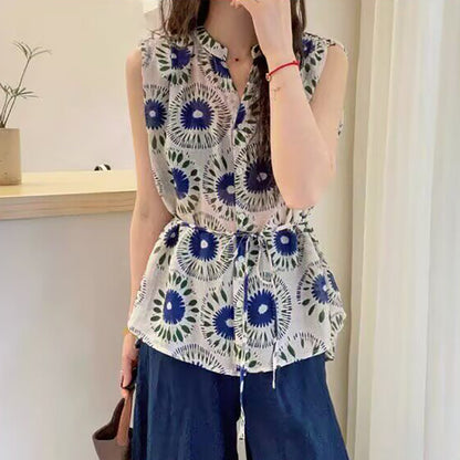 期間限定⭐️60%OFF【トップス】ボヘミアン リゾート風 レトロ ノースリーブシャツ レディース  夏新作 軽量 通気性 ウエストマーク 体型カバー ナチュラル カジュアル サマートップス【SHシリーズ】