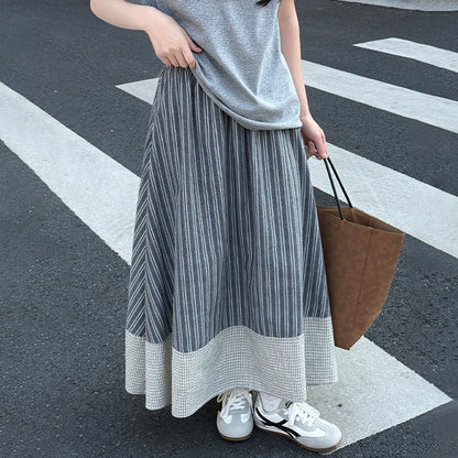 【ボトムス】レトロストライプスカート レディース 春夏 ロング丈 Aラインスカート ハイウエスト 上品フェミニン【SHシリーズ】