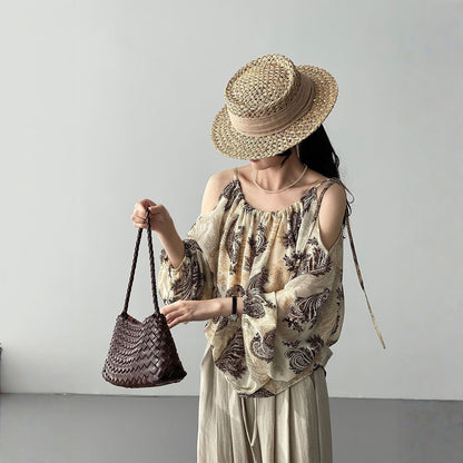 【トップス】小島のそよ風 水墨プリント ハイネック オフショルダー 若見え シャツ【SHシリーズ】