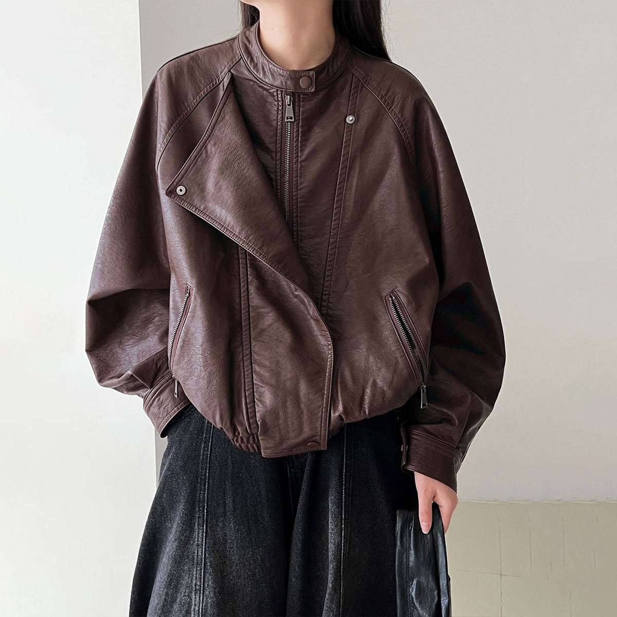 【アウター】韓系ハイエンド感 バイカージャケット レディース 秋新作 ゆったりショート丈 PUレザージャケット【SNシリーズ】