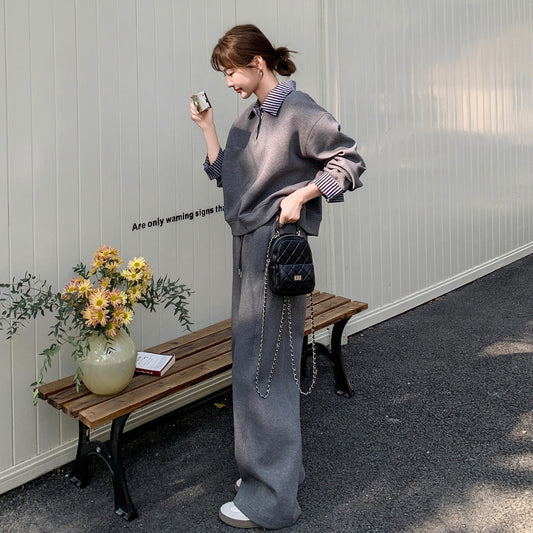 【セットアップ】韓国風 カジュアルセット レディース 2025秋新作 ボーダー ポロネック スウェット＋ワイドパンツ 上下セット【JZシリーズ】