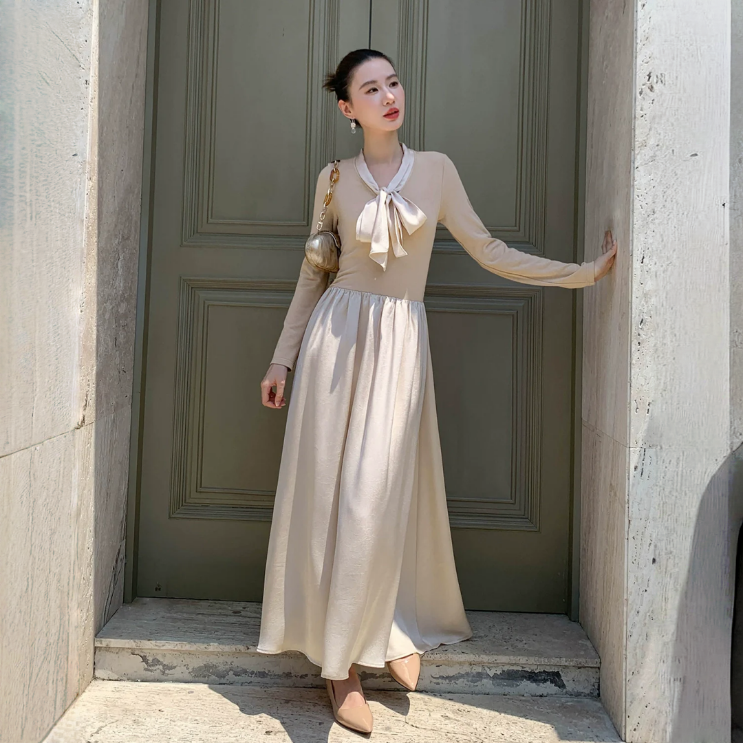 【ワンピース】春 秋 冬  リボンタイ 切り替え 長袖 ワンピース 【JZシリーズ】