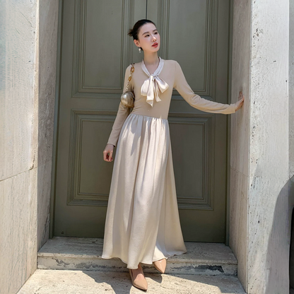 【ワンピース】春 秋 冬  リボンタイ 切り替え 長袖 ワンピース 【JZシリーズ】