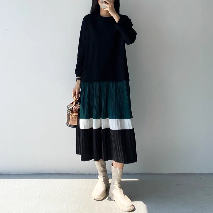 【24AW】【15～20日内発送】【ワンピース】フェイクツーピース 大きいサイズ プリーツ 長袖ワンピース