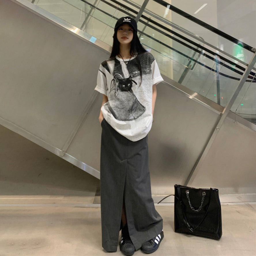 【トップス】Tシャツ レディース キャットプリント 猫柄 クルーネック 半袖 コットン100% オーバーサイズ カジュアル【JZシリーズ】
