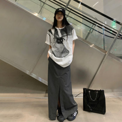 【トップス】Tシャツ レディース キャットプリント 猫柄 クルーネック 半袖 コットン100% オーバーサイズ カジュアル【JZシリーズ】