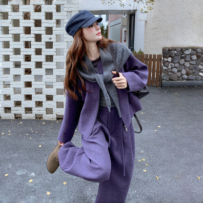 2点セット！【セットアップ】上質感ウールコート＋ワイドパンツ 上下セット レディース 秋冬 韓国風スタイル【JZシリーズ】