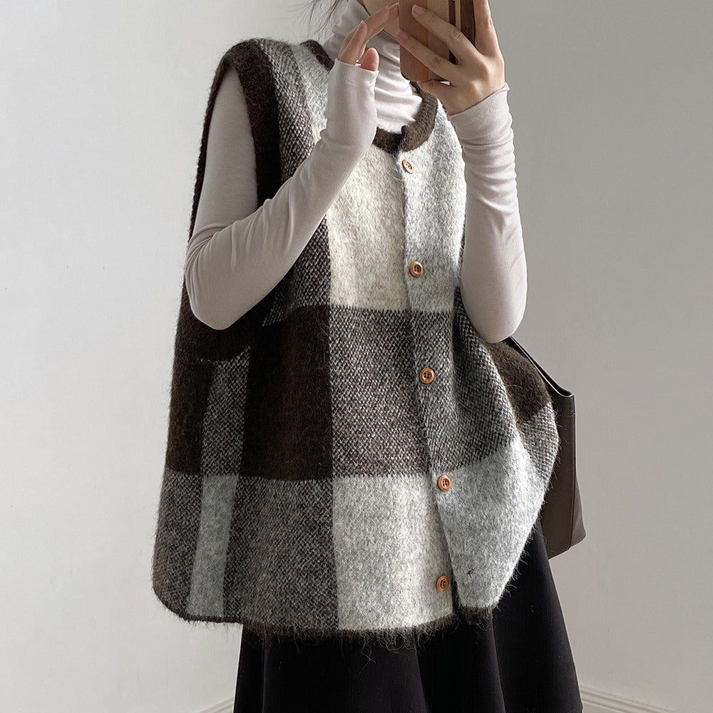 【トップス】レトロ 配色 チェック ニット ベスト レディース 秋 ゆったり クルーネック セーター【JZシリーズ】