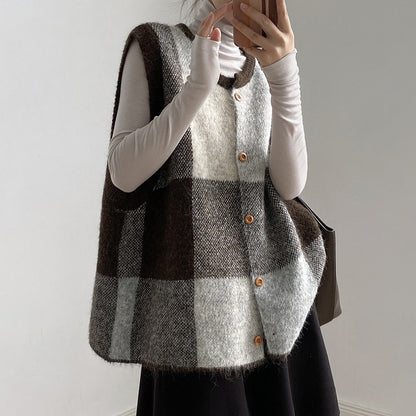 【トップス】レトロ 配色 チェック ニット ベスト レディース 秋 ゆったり クルーネック セーター【JZシリーズ】