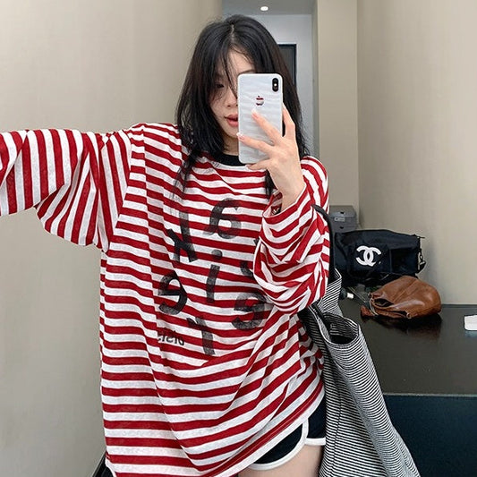 【トップス】春 秋 冬 ヴィンテージ加工 アルファベット ストライプ柄 Ｔシャツ 【FCシリーズ】