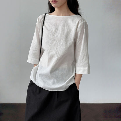 【トップス】夏 オフショルダー 七分袖 綿麻 シャツ  【SNシリーズ】