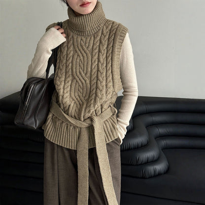 【トップス】春 秋 冬 ハイネック ケーブル ベルト付き ノースリーブ セーター 【JZシリーズ】