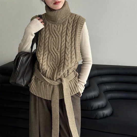 【トップス】春 秋 冬 ハイネック ケーブル ベルト付き ノースリーブ セーター 【JZシリーズ】