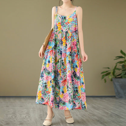 【ワンピース】森ガール風 綿麻花柄キャミソールワンピース 軽やかで涼しい薄手素材 ノースリーブワンピース【SHシリーズ】