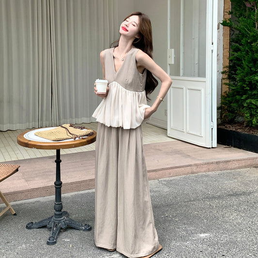 【セットアップ】切替 花柄Vネックノースリーブベスト×ワイドパンツ 上下セット レディース 夏新作 リラックス感 ゆったり こなれ感【JZシリーズ】