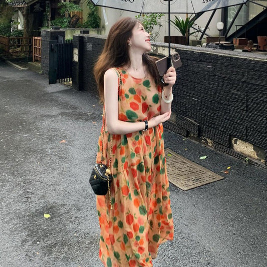 【ワンピース】フレンチヴィンテージ テンセル ラミー リゾート風 フローラル ノースリーブワンピース【SHシリーズ】