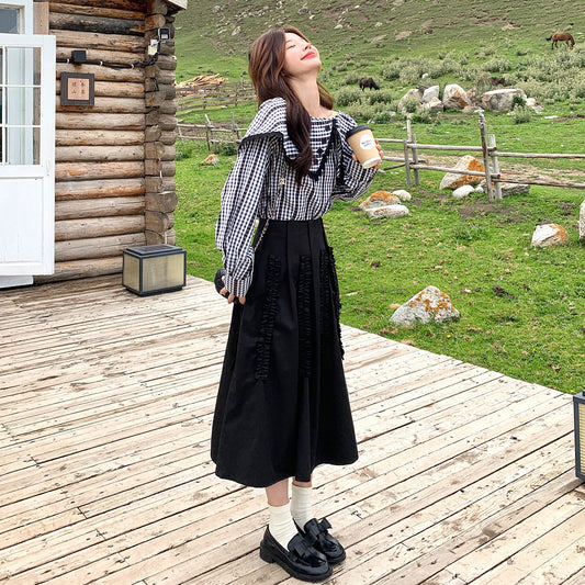 2点セット！【セットアップ】レディース フレンチスタイル 不規則チェック トップス＋フリルスカート 上下セット【SHシリーズ】