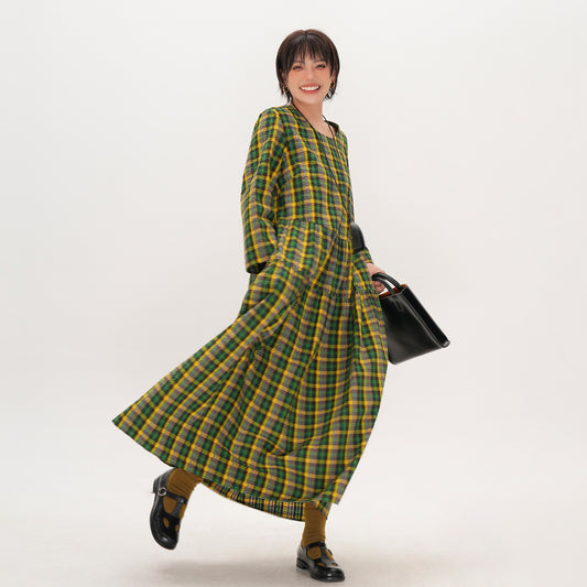 【ワンピース】レトロ チェック ワンピース レディース ゆったり 体型カバー 大きいサイズ ミディアム丈 長袖 デザイン感 ワンピース【SHシリーズ】