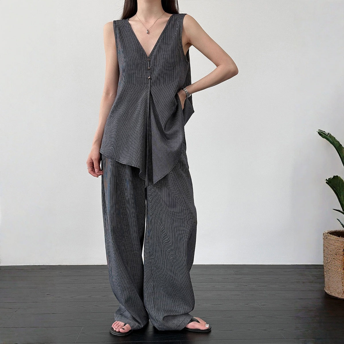 【セットアップ】テンセル×リネン ノースリーブ ストライプトップス + カジュアルロングパンツ 2点上下セット 【JZシリーズ】