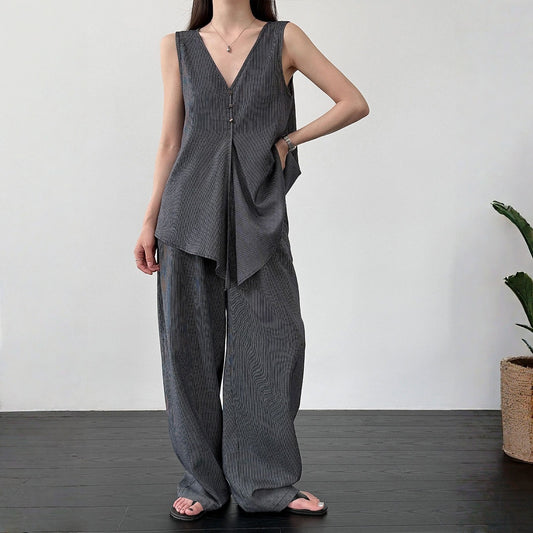【セットアップ】テンセル×リネン ノースリーブ ストライプトップス + カジュアルロングパンツ 2点上下セット 【JZシリーズ】