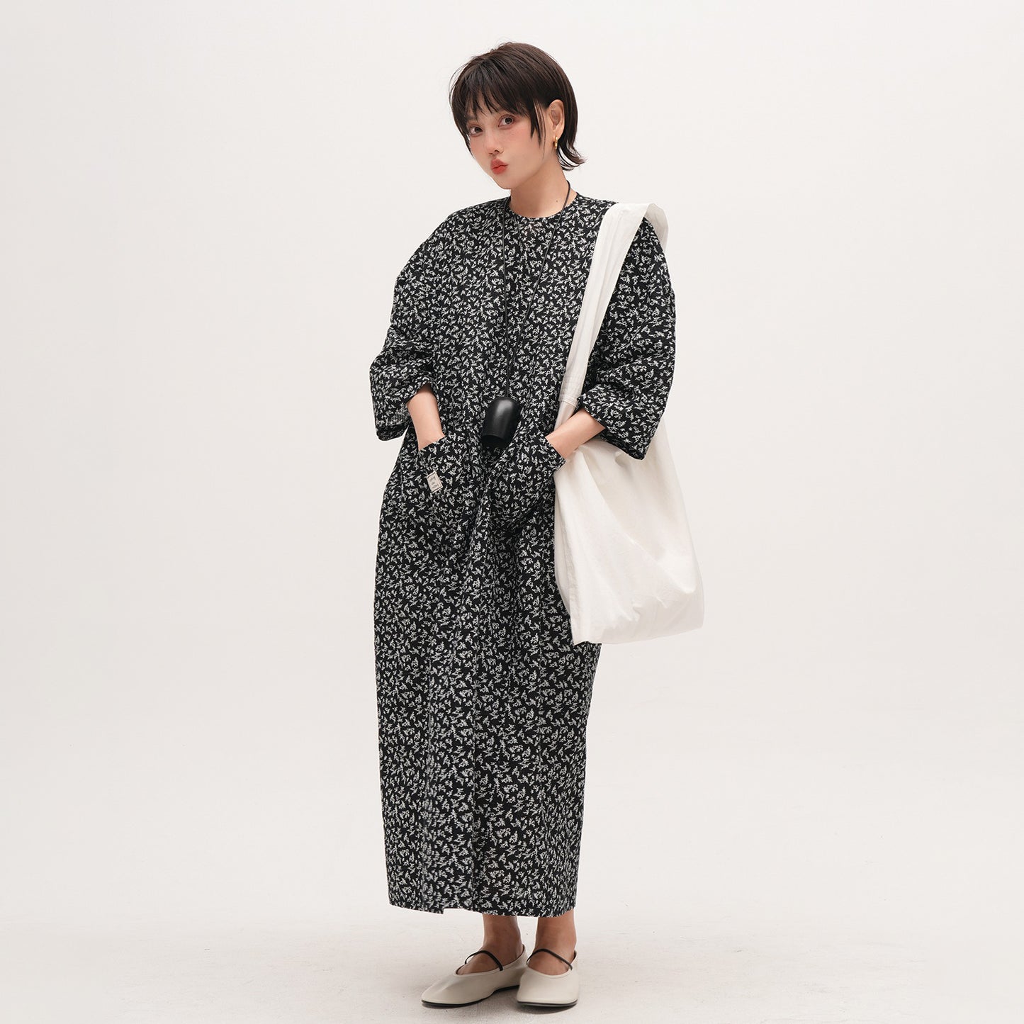 【ワンピース】レトロ 花柄 長袖ワンピース レディース 薄手 ゆったりスリム見え 大きいサイズ ラウンドネック【SHシリーズ】【JZシリーズ】