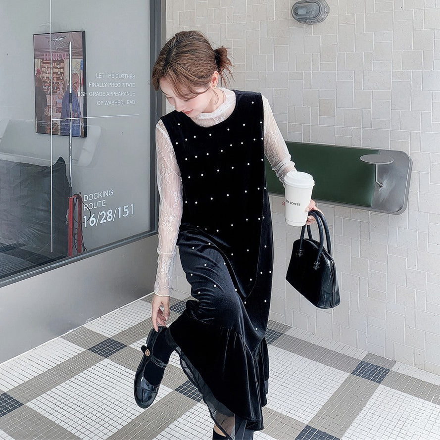 【セットアップ】優しい雰囲気 インナートップス＋ドット柄  キャミワンピースセット レディース 春秋【JZシリーズ】