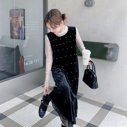 【セットアップ】優しい雰囲気 インナートップス＋ドット柄  キャミワンピースセット レディース 春秋【JZシリーズ】