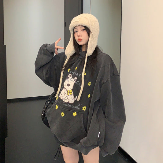 【トップス】レトロ プリント  裏起毛ハーフハイネックスウェット レディースパーカー【FCシリーズ】