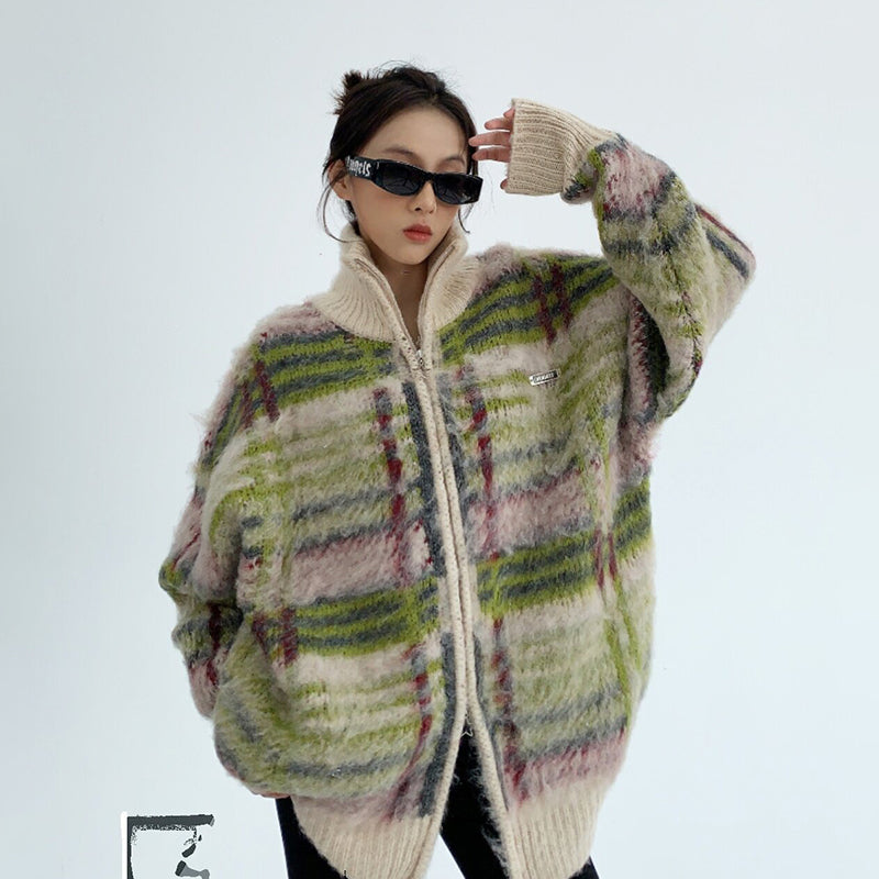 【トップス】個性派デザイン レディース チェック柄シャギーカーディガン ルーズシルエット 冬新作 セーター【FCシリーズ】