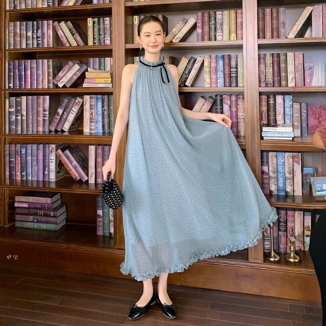 【ワンピース】夏 フリルレース ホルターネック ロング ノースリーブ ワンピース 【JZシリーズ】