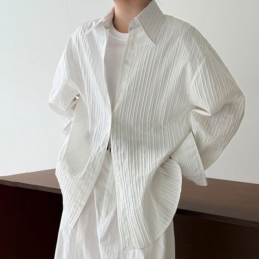 【トップス】韓国風 春秋 ストライプシャツ｜抜け感たっぷりのルーズシルエット×デザイン性◎ライトアウターにも【SNシリーズ】