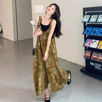 【ボトムス】エスニック調フラワープリント 夏新作 高級感 高見え ハイウエスト落ち感 オールインワン【SHシリーズ】