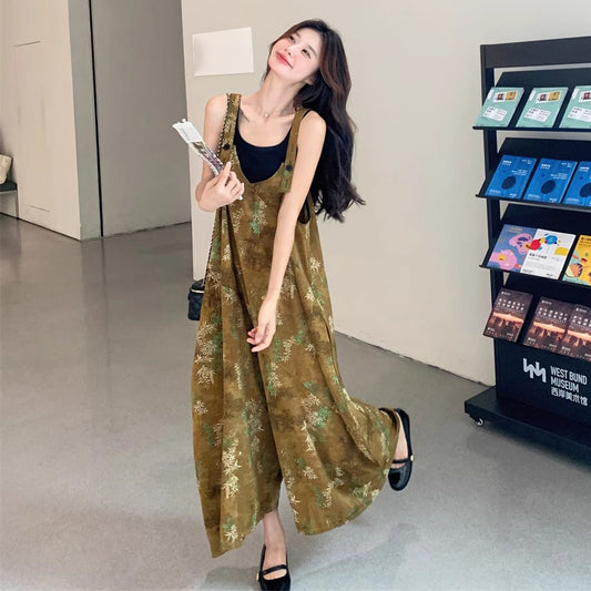 【ボトムス】エスニック調フラワープリント 夏新作 高級感 高見え ハイウエスト落ち感 オールインワン【SHシリーズ】