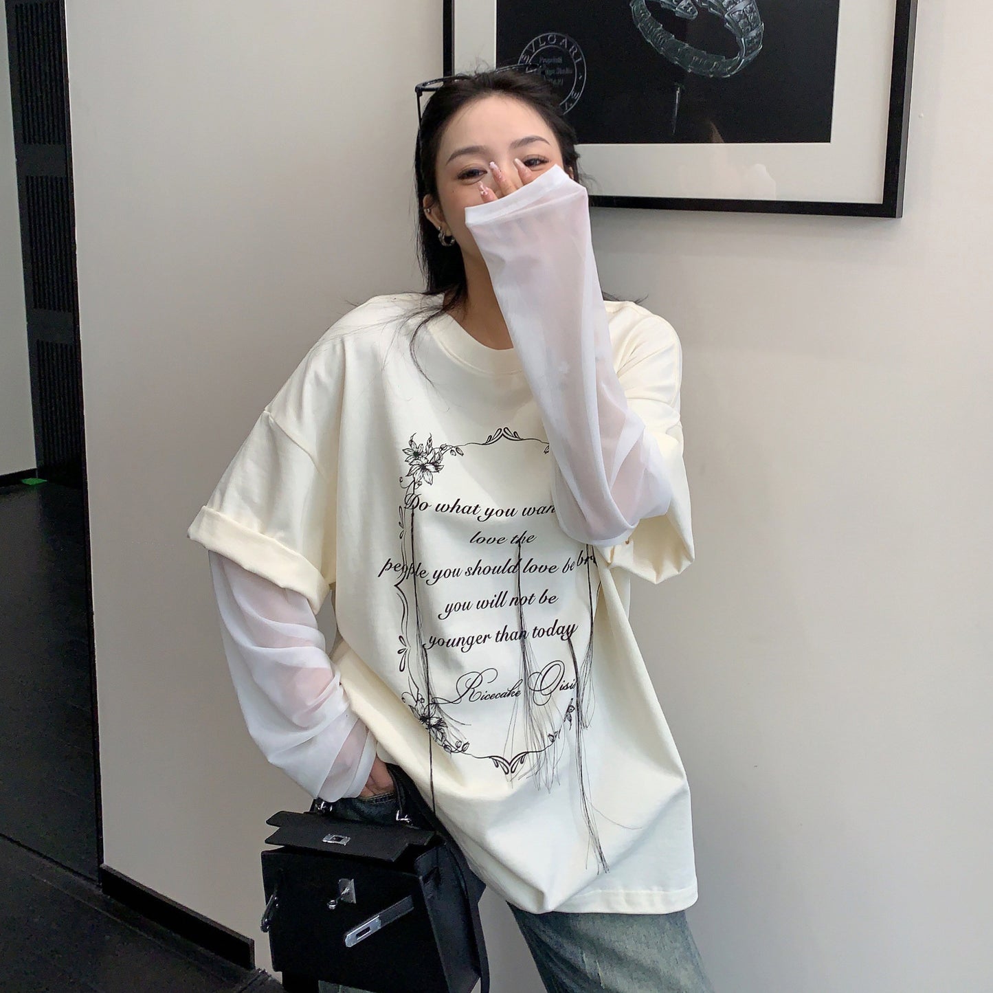 【トップス】フリンジ刺繍 Tシャツ レディース 夏 長袖 レイヤード風 ゆったり オーバーサイズ 人気 リラックスコーデ【FCシリーズ】