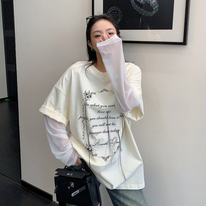 【トップス】フリンジ刺繍 Tシャツ レディース 夏 長袖 レイヤード風 ゆったり オーバーサイズ 人気 リラックスコーデ【FCシリーズ】
