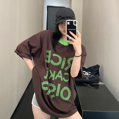 【トップス】リラックス感 小众デザイン 切り替えプリント 半袖Tシャツ【FCシリーズ】