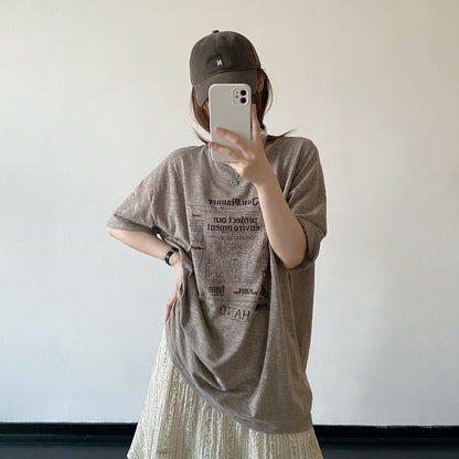 【トップス】ヴィンテージ風 Tシャツ レディース 夏 ミルクティーブラウン 半袖 レタープリント ダメージ加工 ルーズフィット ダークシック 人気【FCシリーズ】