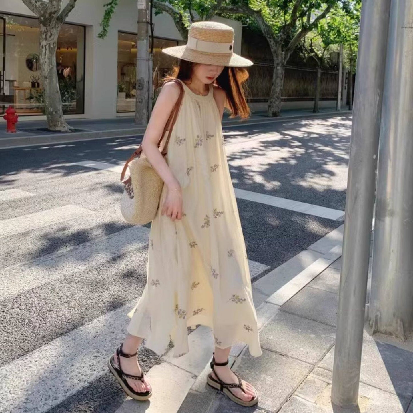 【ワンピース】夏 ノースリーブ ロング リゾート風 フレンチ風 森ガール 体型カバー 海辺 ビーチドレス 人気 新作【SHシリーズ】