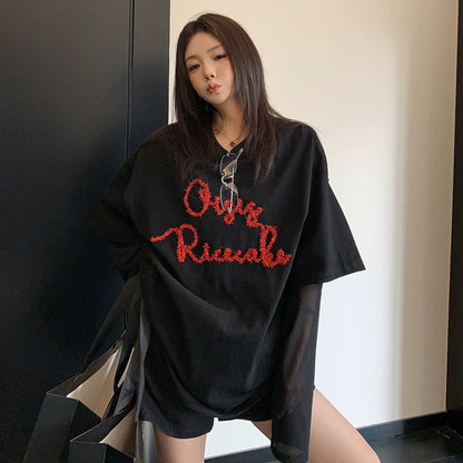 【トップス】Tシャツ レディース レイヤード風 メッシュ切替 長袖 クルーネック シアー素材 モード カジュアル【FCシリーズ】