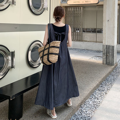 2点セット！【セットアップ】重ね着でおしゃれ ノースリーブ デニムサロペットワンピースセット レディース 夏 学院風 若見え スリム見え 体型カバー【JZシリーズ】