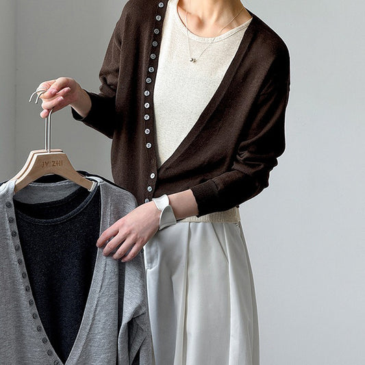 【トップス】初秋新作 韓国風 Vネック ニットカーディガン＋ノースリーブニットタンク 2点セット【JZシリーズ】