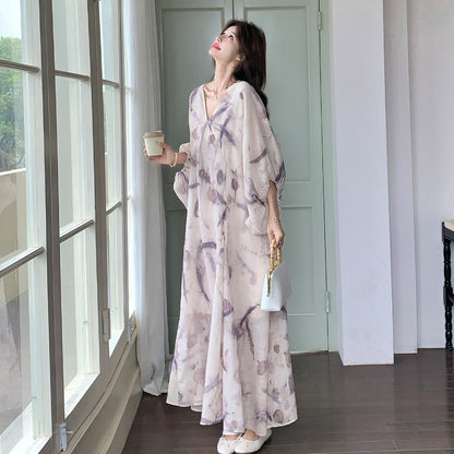 【ワンピース】フレンチテイスト オートミールカラー Vネック パフスリーブ ワンピース レディース 夏 ロング丈 半袖 染め柄 フェミニン 抜け感【SHシリーズ】