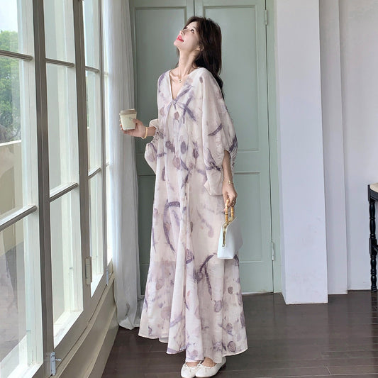 【ワンピース】フレンチテイスト オートミールカラー Vネック パフスリーブ ワンピース レディース 夏 ロング丈 半袖 染め柄 フェミニン 抜け感【SHシリーズ】