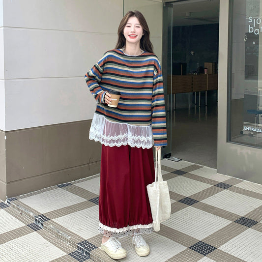 2点セット！【セットアップ】レトロ柄ストライプ切替レーススウェット＆ワイドパンツセット レディース 秋服 新作 大人カジュアル ゆったり体型カバー【JZシリーズ】