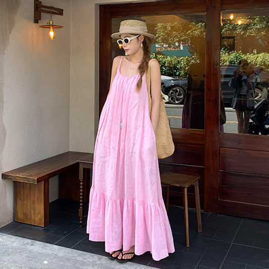 【ワンピース】【大人可愛い】フレンチ ノースリーブ バックレス ワンピース｜ゆるシルエット 2026新作｜海辺 リゾート ビーチ 映えドレス