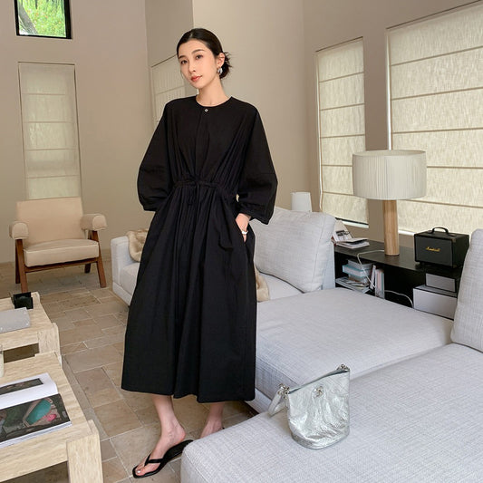 【ワンピース】プリーツゴムウエスト ゆったりワンピース 綿100% ブラック 長袖 通勤にぴったりなフレアシャツワンピース【JZシリーズ】