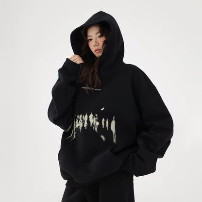 【トップス】レトロ感たっぷり ぼかしシルエットプリント ストリートゆるパーカー【FCシリーズ】