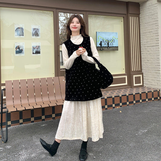 【ワンピース】フレンチ風ドット柄ベロア切替ワンピース レディース 春 ノースリーブ 大人フェミニン レイヤード風 ロング丈【JZシリーズ】